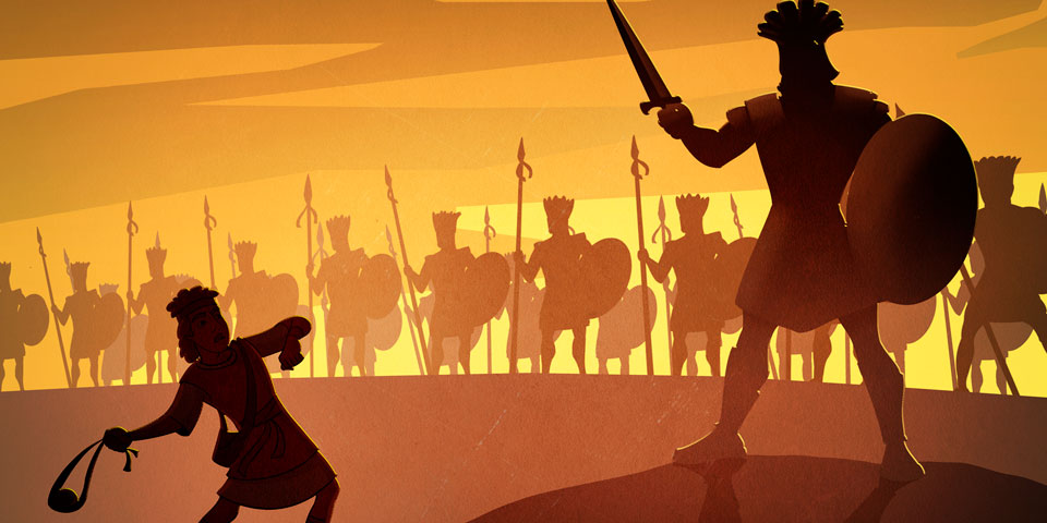silhouette depiction of David and Goliath with soldiers stood behind Goliath