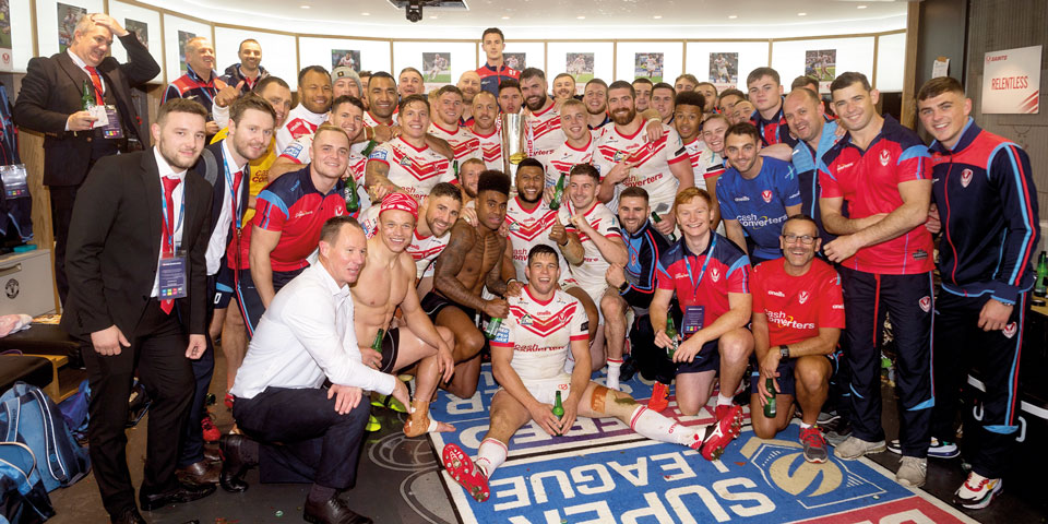 the st helen's rugby team celebrate after being crowned Champions of the European Super League
