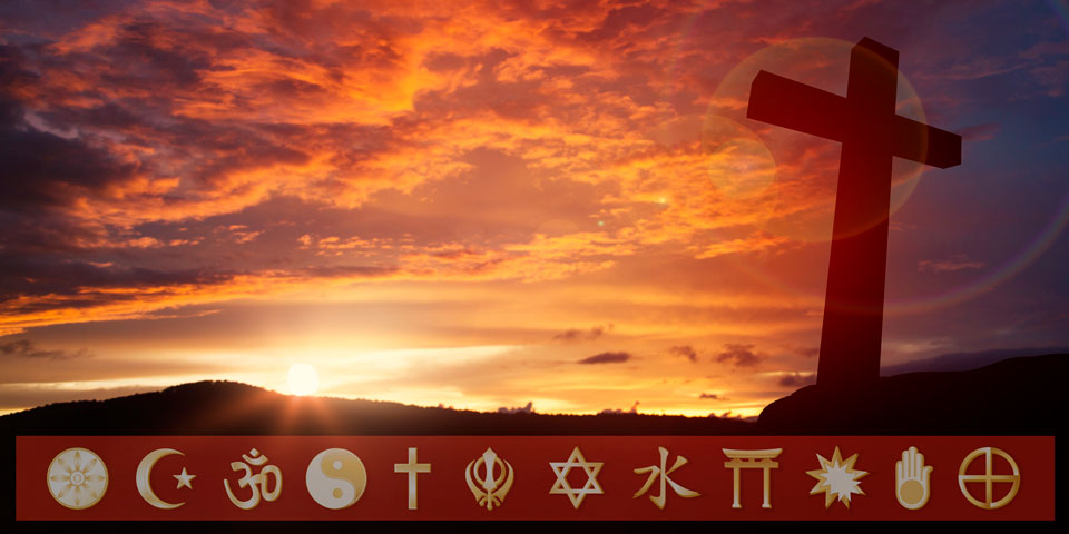 a view of a sunset with the cross on the right hand side, above a banner of the symbols of world religions