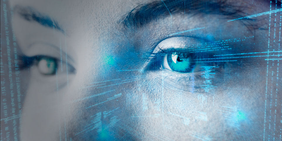 Close up image of a human’s eyes with blue, AI style markings overlaid