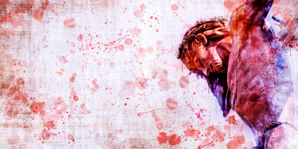 A sepia image of Jesus hanging on the cross, seen from the side