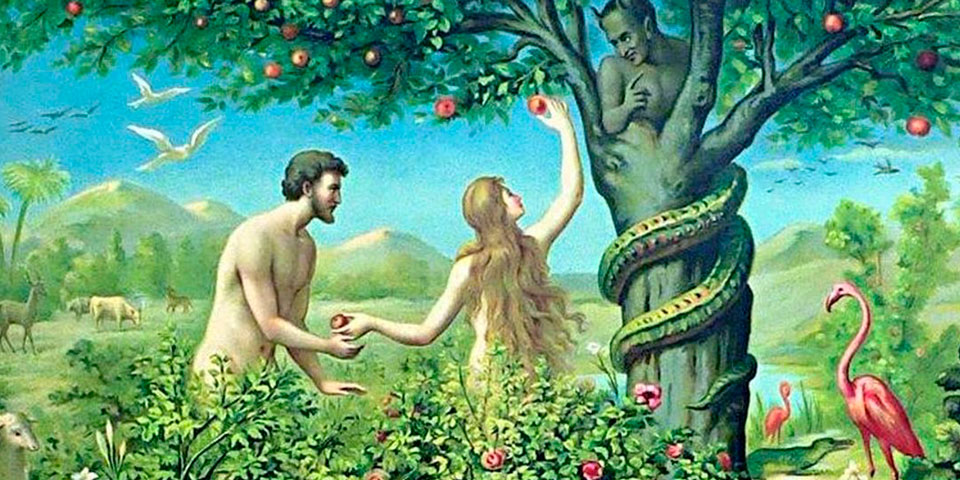 a drawing of Eve taking the fruit from the tree and handing it to Adam in the Garden of Eden