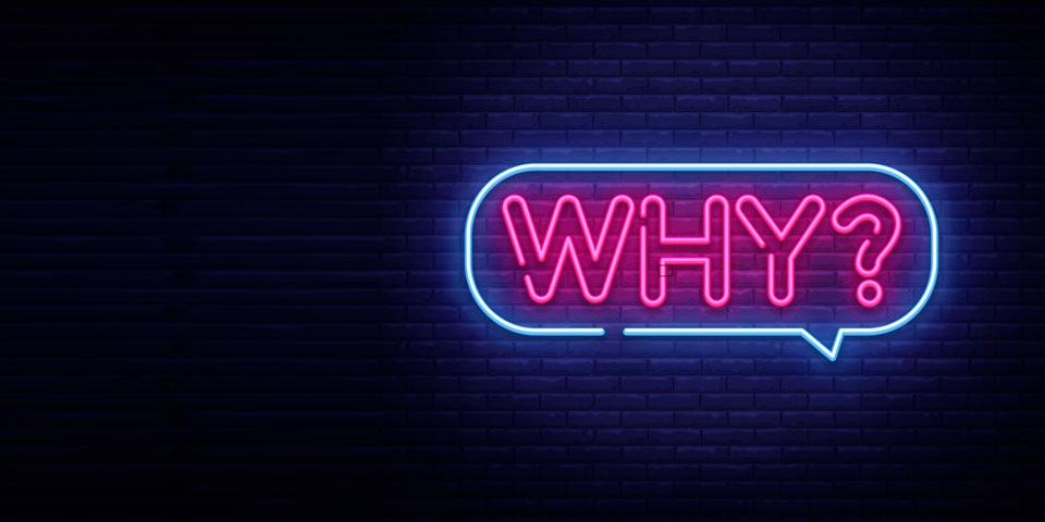"Why" in a speech bubble in neon lights